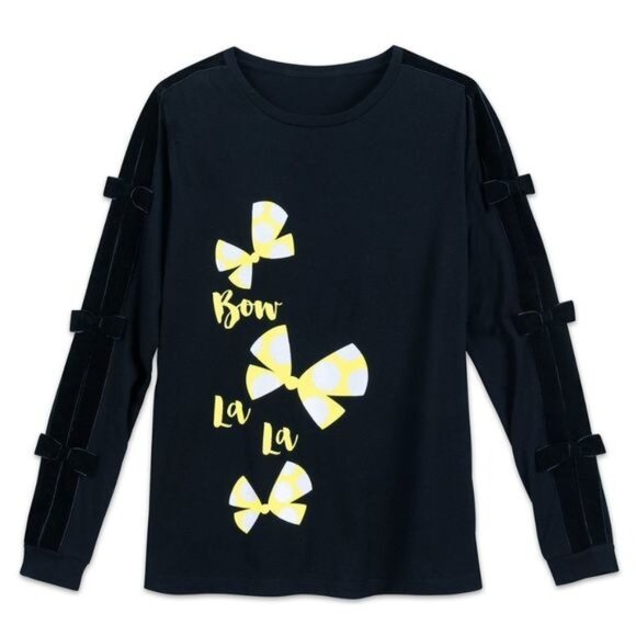 Disney Minnie Mouse Blouse Womens Bow La La Shirt Velvet Long Slit Sleeve Top - Picture 1 of 10